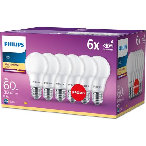 Philips LED E27 Lampadina Standard (A60) Opaco 60W Non dimmerabile Luce Bianco calda - 6 pezzi