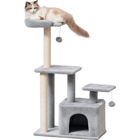 PawHut Cat Tree Tower with Sisal Scratching Post Condo 114cm Light Grey (1/5)