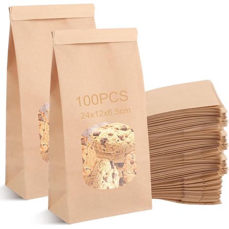 100 Pcs Sachet Kraft avec Fenêtre et Fermeture - 24x12x6,5cm - Sac en Papier Marron Résistant à l'Huile pour Pain, Biscuits, Sandwich, Grains de Café et Cadeaux - Emballage Alimentaire Refermab (1/5)