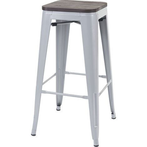 Taburete de bar silla alta asiento de madera con reposapiés diseño industrial apilable gris metal 040005242