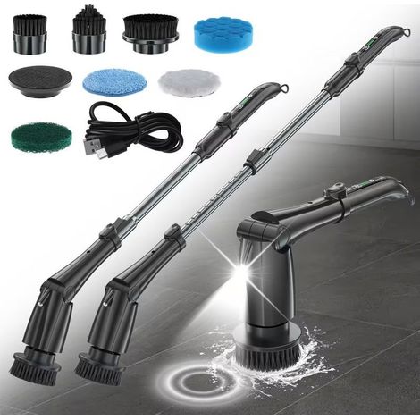 Brosse de nettoyage électrique sans fil – 8 têtes interchangeables – 3 vitesses – 160 min d'autonomie – Bras extensible 30-115 cm (1/5)