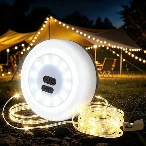 Guirlande Lumineuse de Camping Enroulable 10M, USB Rechargeable Chaîne Lumineuse avec Modes D'éclairage, Étanche, Portable Lampe pour Tente, Randonnée
