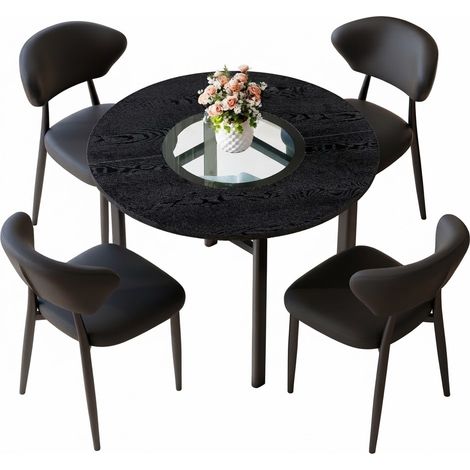 ELVMI Set Tavolo e Sedie con 1 Tavolo Rotondo e 4 Sedie, Piano in Vetro, MDF, Metallo e PU, Nero (1/5)