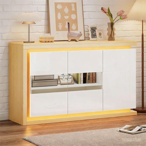 Buffet de salon 140 x 40 x 84 cm, commode moderne à 4 compartiments, largeur 140 cm, meuble d’appoint avec bande lumineuse LED, buffet brillant avec portes en verre trempé, adapté aux couloirs, salons (1/5)