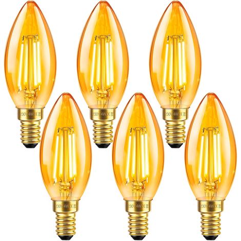 Ampoule E14 LED Filament Bougie Vintage 4W, Equivalent 40W Lampe, Verre Ambré Blanc Chaud 2200K, C35 Bougie Filament Rétro, 400LM, AC 220V, Non-Dimmable, Décorative pour Restaurant Café Bar, Lot de 6 (1/5)