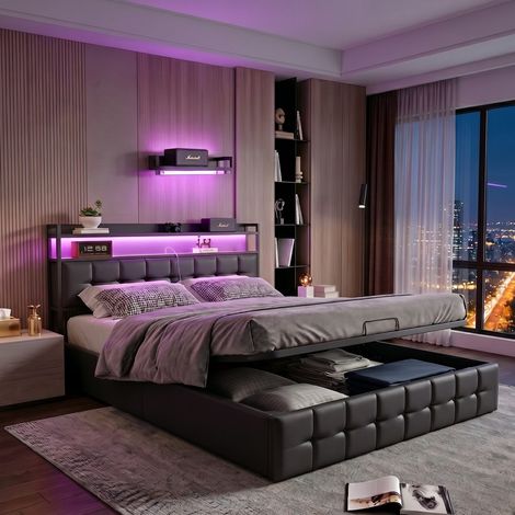Cama doble de 140x190 cm – Negra – Cama con almacenamiento inflable – Tapizada – USB-C – Cabecero con iluminación LED RGB – Base de láminas (1/5)