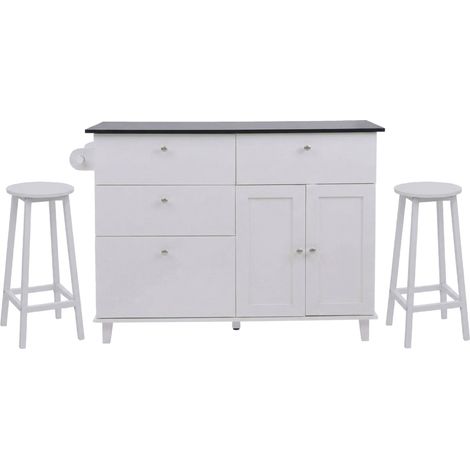 Îlot de cuisine avec 2 tabourets meuble de rangement avec 4 tiroirs et 2 portes 90x131x47 cm blanc et aspect marbre noir 040008788 (1/5)