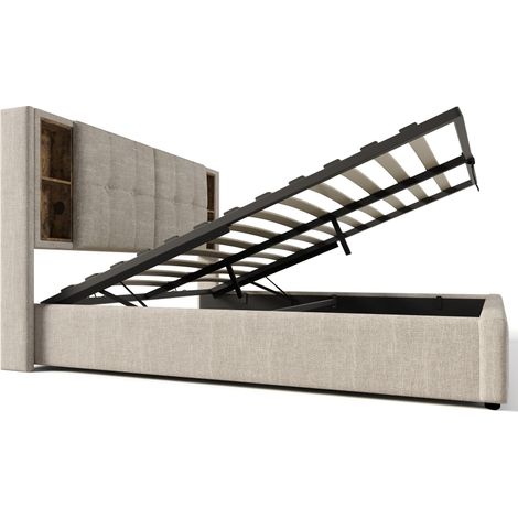 Letto matrimoniale 180x200 cm in lino naturale con contenitore e ricarica USB-C wireless (1/5)
