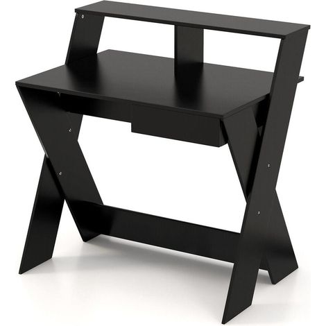 Montage simple bureau informatique noir avec tiroir de rangement et étagère pour écran, petit espace (1/5)