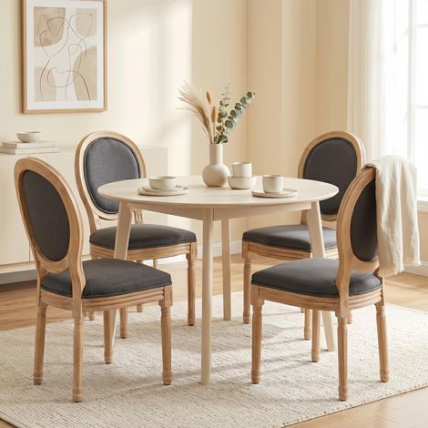 Lot de 4 Chaises en Bois Massif Gris foncé - Dossier confortable en lin, finition vieillie (patinée) - assise rembourrée - Campagnard - Idéal Salon et Cuisine (1/5)
