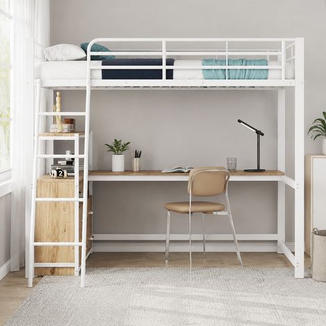 Letto a soppalco 140x200 cm in metallo e MDF bianco, salvaspazio, senza materasso FloraGrace (1/5)