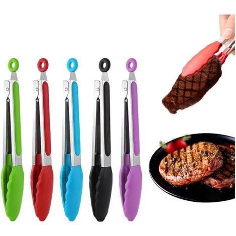 5 pièces pince cuisine, silicone résistant à la chaleur, acier inoxydable, pour friteuse air, barbecue et préparation culinaire (1/5)