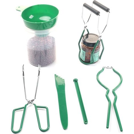 6-teiliges Einmachset mit Trichter und Zange, Magnetdeckel, Silikon- und Edelstahlspatel mit Griff (Grün)