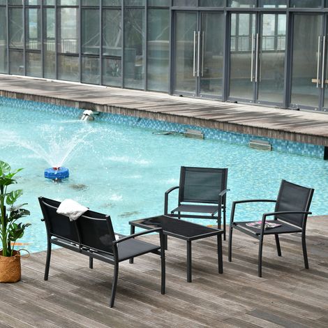 Salon extérieur 4 Noir pièces : 1 table basse 2 chaises de jardin banc en métal