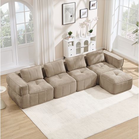Divano angolare modulare 4 posti 344x162x67 cm in poliestere sabbia con pouf – MEUBLIV (1/5)