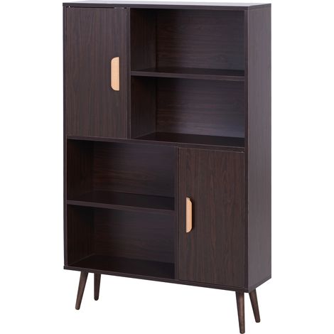 Bibliothèque scandinave 4 niches + 2 placards avec étagère dim. 80L x 24l x 123H cm Pieds effilés inclinés Bois Massif Panneaux Particules wengé