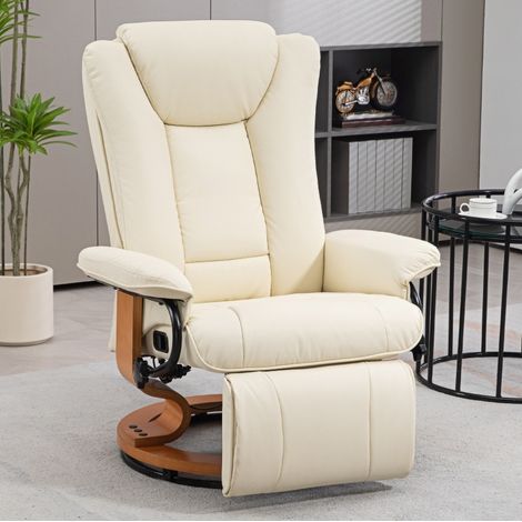 Sillón relax giratorio con función reclinable y reposapiés, polipiel color crema, 150 kg HAVRYA (1/5)