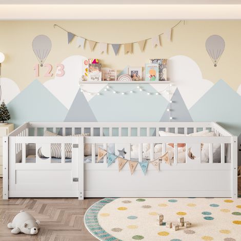 Cama infantil con barrera de seguridad 196x96x55 cm, con decoración de estrellas y luna, madera de pino, blanca (1/5)