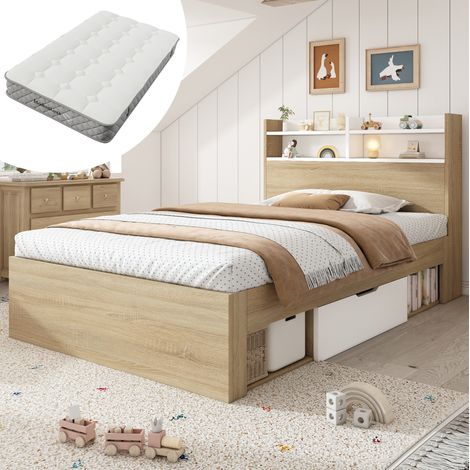 Letto singolo 90x200 bianco e rovere con contenitore, 2 cassetti, scaffali e materasso (1/5)