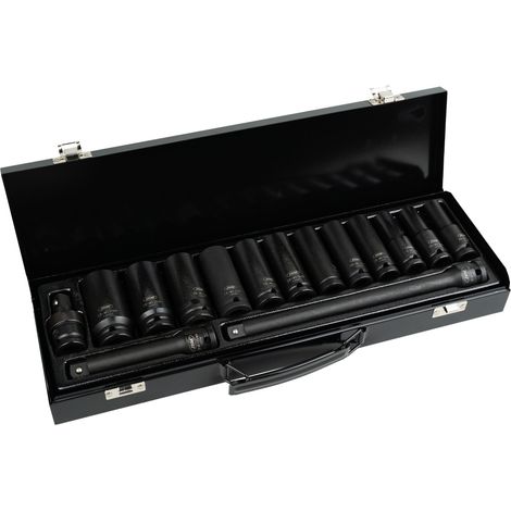 Set de 15 piezas de impacto con 12 vasos largos de 1/2" HEXAGONALES + ADAPTADORES JBM (1/4)