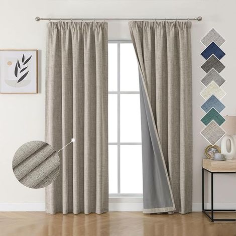 Joydeco Rideau Occultant Thermique en Lin avec Galon Fronceur 132x214 cm Rideau Isolant Thermique Anti Froid et Chaleur à Passe Tringle pour Décoration de Porte Fenêtre