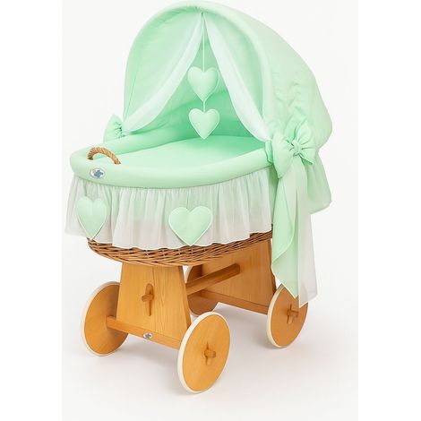 Moisés de mimbre Amelia con capota plegable - Ropa de cama natural y menta (1/4)
