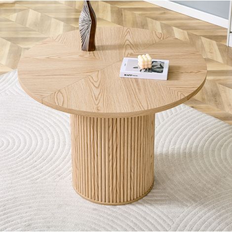 Tavolo da pranzo rotondo 100 cm in MDF effetto legno chiaro, base cilindrica in metallo HAVRYA (1/5)