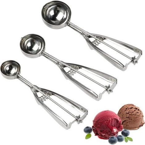 Cuchara para helado de acero inoxidable de 3 piezas, desmolde, cuchara con mango ergonómico, rebozado, cupcakes, 4 cm + 5 cm + 6 cm, plateada (1/5)