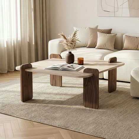 Table basse carrée décor travertin et noyer MARFA (1/5)