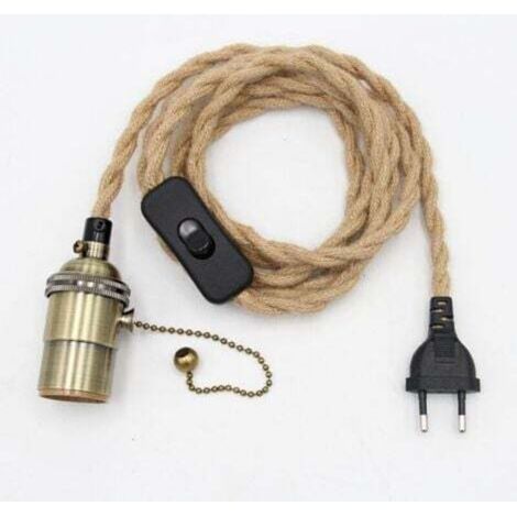 Lustre Corde de Chanvre Câble 1.8m, Douille E27 Interrupteur avec Fil Cable Ampoule, Pour DIY Lampe Suspension Lumière Pendante (1/4)