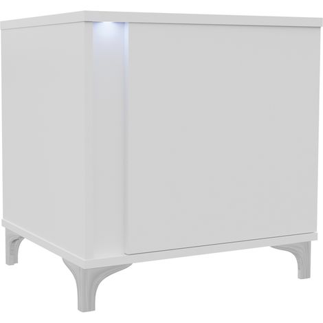 Mesilla de noche Florem, Blanco + Blanco brillante, Número de cajones: 0, Número de puertas: 1, 50x52x40cm, Aglomerado laminado, LED