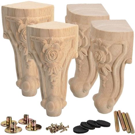 royaluxe -Pieds de meubles en bois de 6 pouces / 15 cm, 4 pièces de remplacement de meubles sculptés en bois massif opéen, canapé décoratif, armoire, table double siège (1/5)
