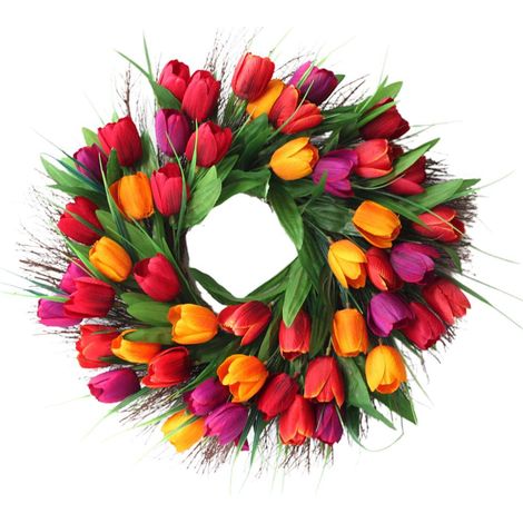Couronne de Tulipes Faite à la Main, Couronne de Tulipes en Rotin de 45 Cm de Diamètre avec Un Design Complet, Fleurs de Simulation en Tissu de Soie pour Mariage dans Le Jardin, (1/5)