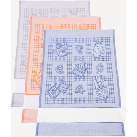 Filet - Set de 3 Torchons pour Cuisine en Jacquard avec Insert en Toile Aida 55 Trous à Broder, Idéal pour Sécher la Vaisselle, 100% Made in Italy, Design Cuisine, Couleur Gris, Orange et Bleu