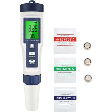 Testeur de qualité de l'eau 5 en 1, appareil numérique pour la mesure du pH, de la salinité, de la température, du TDS et de la CE, format stylo portable