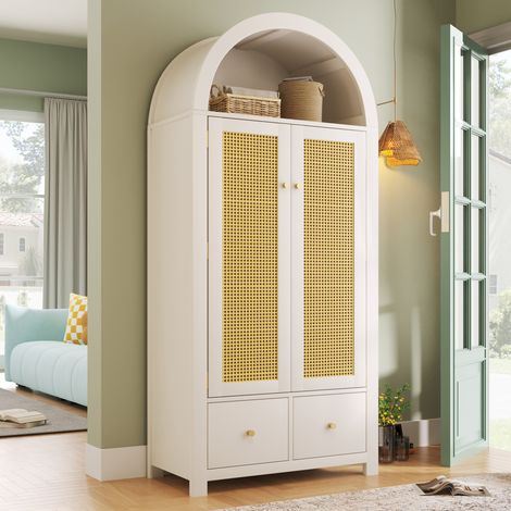 Armoire penderie 181x78x45 cm avec 2 portes effet cannage 2 tiroirs niche arquée tringle et anti-basculement MDF Blanc (1/5)