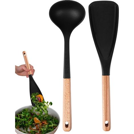en silicone Cuillre manche en bois antiadhsive Ensemble de (1/5)