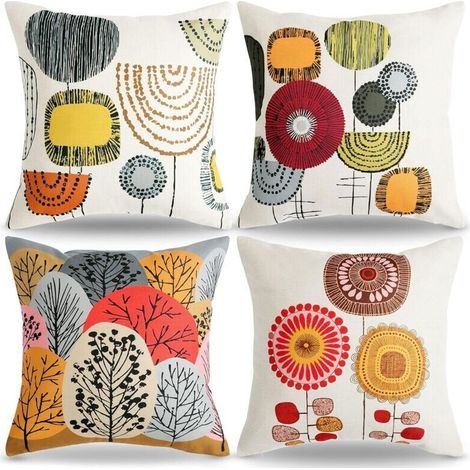 4 PCS Housse de Coussin 45 x 45 Bohémien Abstrait Fleur Coussin Quatre Saisons Coussin Canapé Rouge Taie d'oreiller Lin
