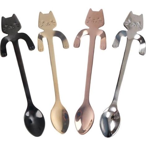 Paquete de 4 unidades: plata, oro, oro rosa y negro, Cuchara de postre de acero inoxidable creativo de gato de dibujos animados, Ligera portátil (1/5)