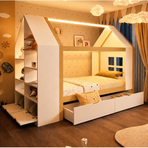 Cama infantil casita 90 x 200 cm con 2 cajones, LED y almacenaje, blanco y madera natural HAVRYA (1/5)
