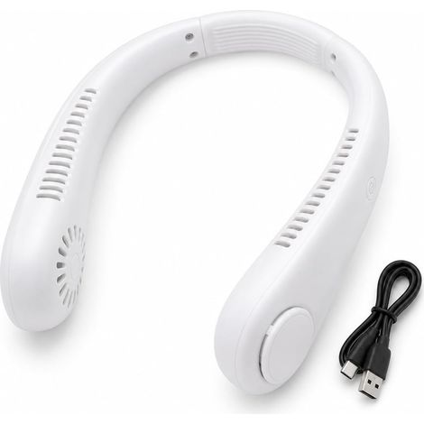 Ventilador de cuello portátil ajustable, 3 velocidades, batería de 1200 mAh, recargable por USB, ideal para viajes, oficina y deportes, color blanco. (1/4)