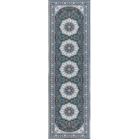 Alfombra de pasillo oriental 60 x 200 cm antideslizante poliéster vintage azul Gediz