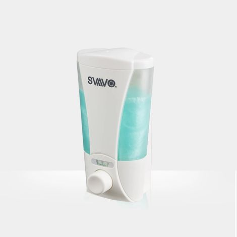 Distributeur de savon liquide mural manuel (blanc) de 200 ml avec verrouillage de sécurité, finition chromée blanche, pour cuisine et salle de bain. (1/5)