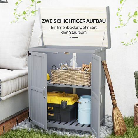 Armoire de jardin, rangement d'outils extérieur avec plan de travail, bois et acier inoxydable, double portes, grise (1/5)