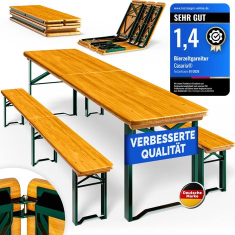 CASARIA® Bierzeltgarnitur 220cm Modell 2026 10 Personen hohe Belastbarkeit massives Holz klappbar stabil Festzeltgarnitur 2 Bierbänke Biertisch Garten 1er Set