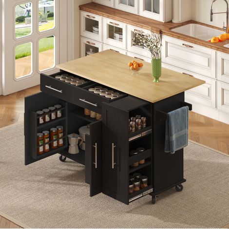 Îlot de cuisine 120/40(65)/90 cm noir/naturel avec abattant et rangements (1/5)