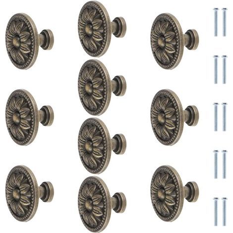 Lot de 10 boutons de meuble ronds en bronze antique avec fleurs - 35 mm - Vintage - Pour tiroir de placard de cuisine - Poignée de tiroir en bronze (1/4)