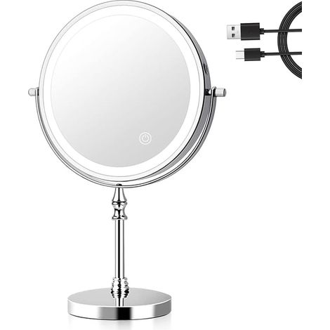 Espejo de aumento iluminado de 8 pulgadas, espejo de maquillaje iluminado de 3 colores, aumento de 1x/10x, carga USB, espejo de mesa giratorio de 360°, para (1/5)