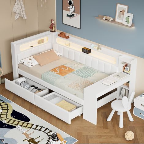 MEUBLIV Lit 90x200 cm blanc – avec bureau, LED et USB, sans matelas (1/5)