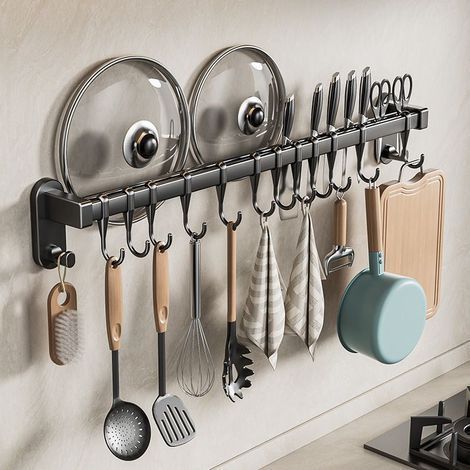 Support à ustensiles mural en acier inoxydable avec 6 crochets coulissants pour cuisine et salle de bain (gris noir) (1/3)